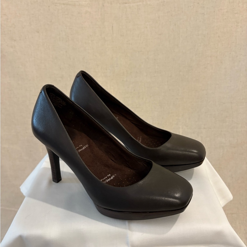 Brown Leather Square Toe Women's Heels